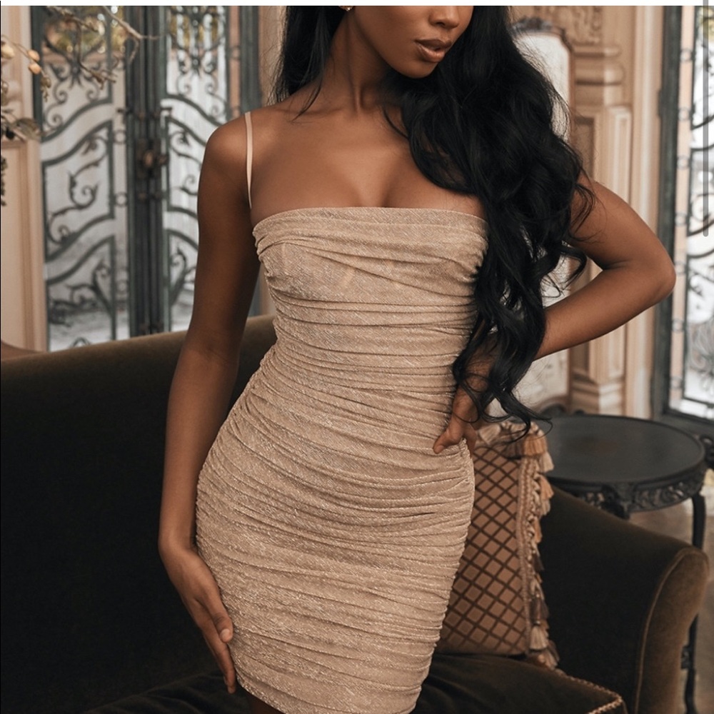House of CB Ella gold glitter ruched dress
